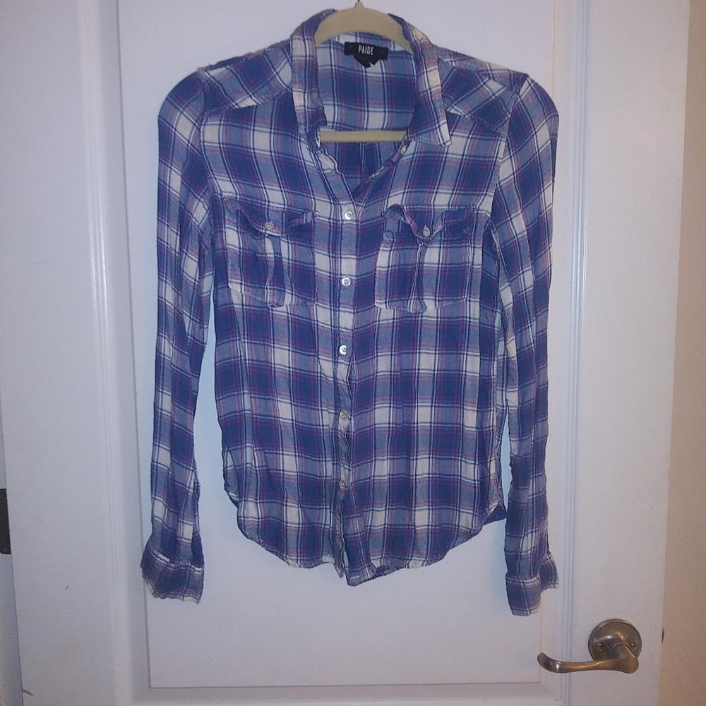 Paige Blue Pink White Plaid Button Down Shirt Top
